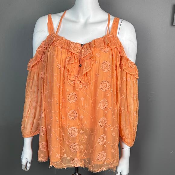 Flareat Anthropologie top Medium Off the Shoulder ruffle embroidered Cottagecore - Picture 1 of 9